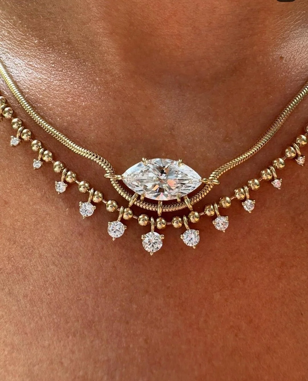 Collar de Cobre de Lujo para Mujer con Gemas Artificiales Marquise y Diseño de Borla, Ideal para Bodas y Banquetes