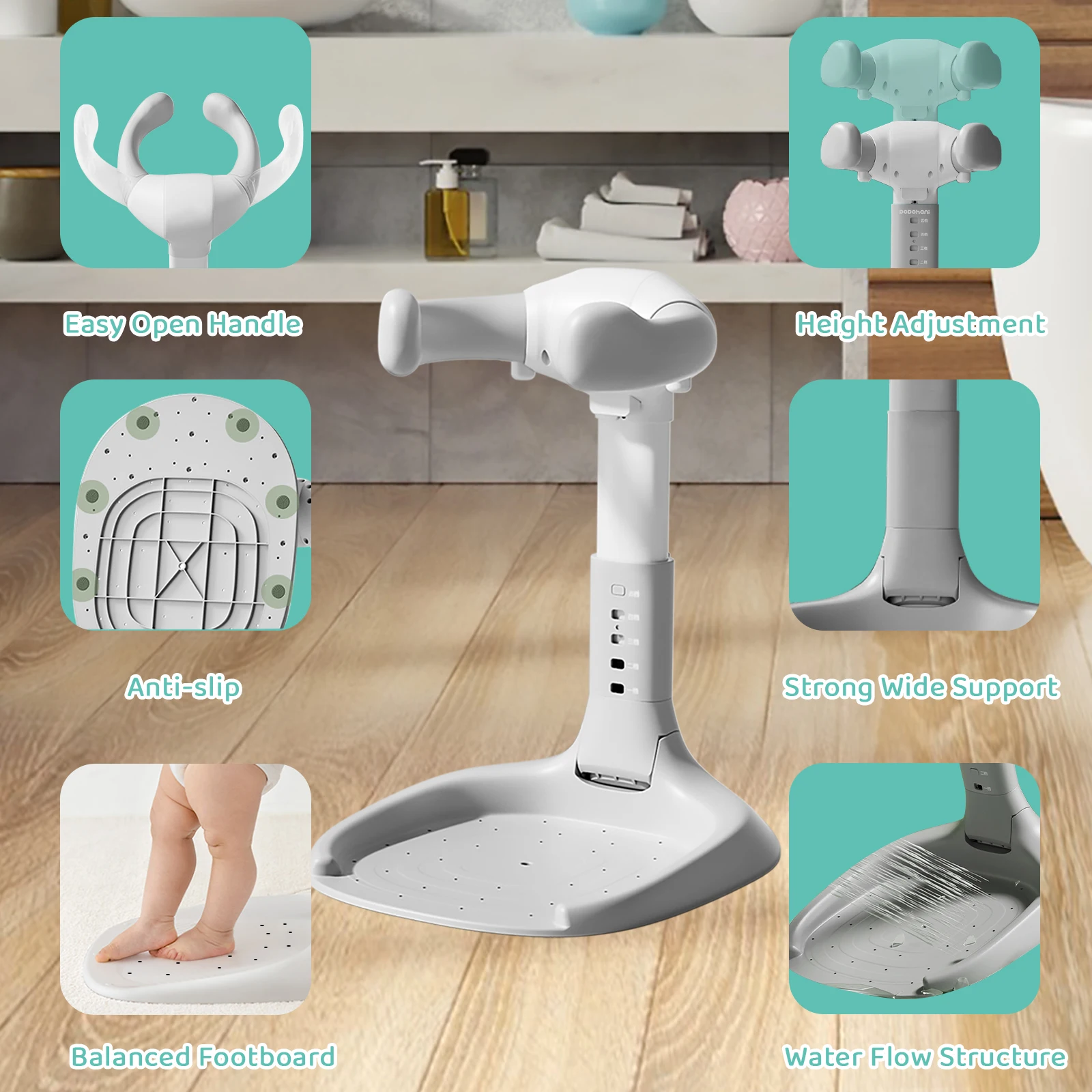 Soporte de baño plegable para bebé, soporte de baño para bebé portátil y ajustable para baño de pie para niños de 6 a 24 meses, con base antideslizante