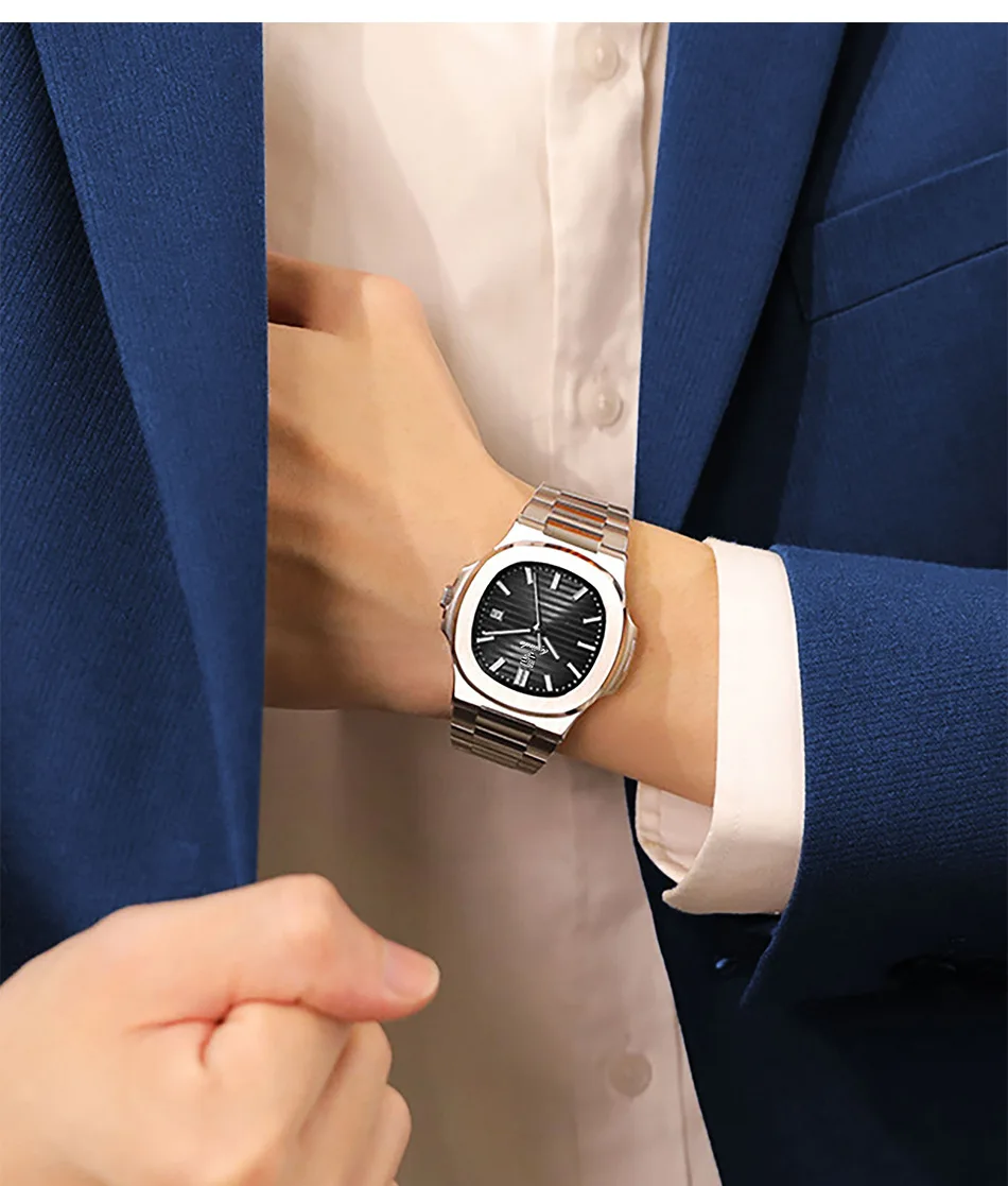 Reloj de Pulsera de Cuarzo Cuadrado de Negocios de Lujo de Moda, Diseño Clásico de Esfera con Rayas y Correa de Acero Inoxidable para Hombre, Relogio