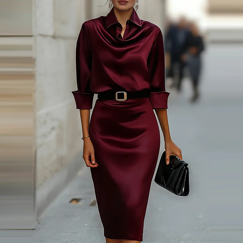Vestido de satén de alta gama, elegante y moderno, de manga larga, con cintura ajustada y efecto adelgazante, nuevo vestido de primavera.