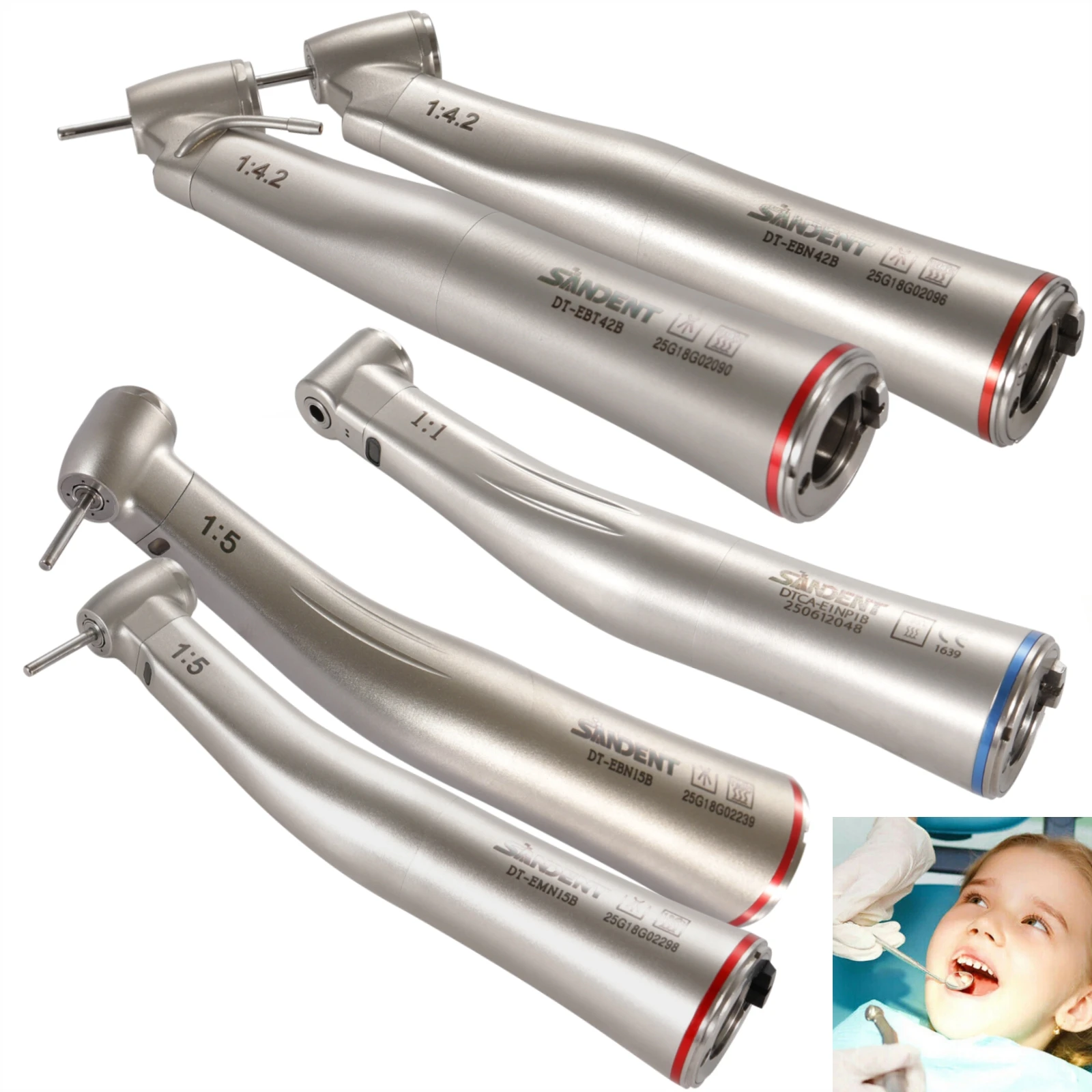Pieza de mano LED dental 1:4.2 45 °   Spray interno/externa/1:1/1:5 Rodamiento cerámico de fibra óptica quirúrgica de contraángulo creciente