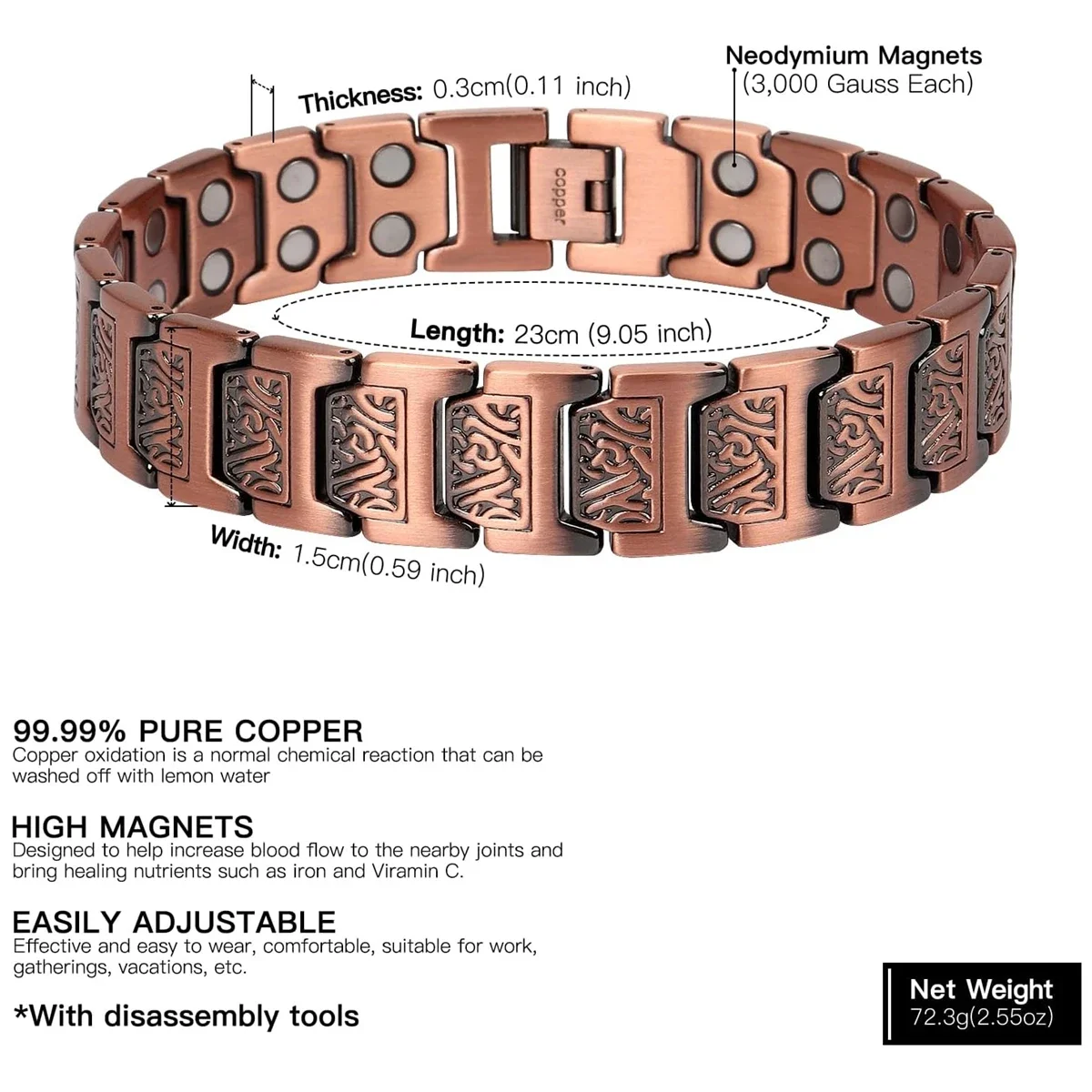 ARADOO Pulsera de cobre para hombre, pulseras de eslabones magnéticos 100% de cobre puro, regalo de joyería con herramienta de ajuste de tamaño
