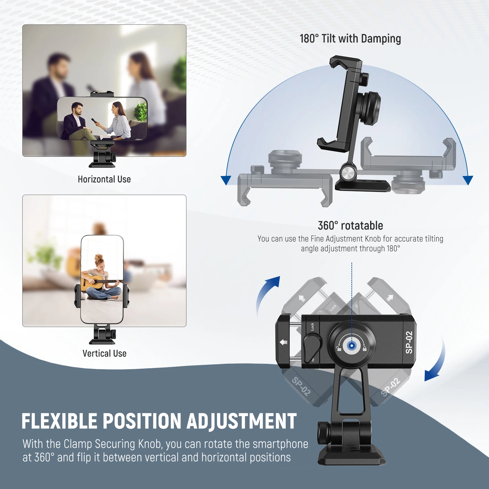 NEEWER Adaptador de montaje en trípode para teléfono de metal con base Arca QR, zapata fría, 360 °   Giratorio 180 °   Inclinación, soporte para teléfono compatible con iPhone