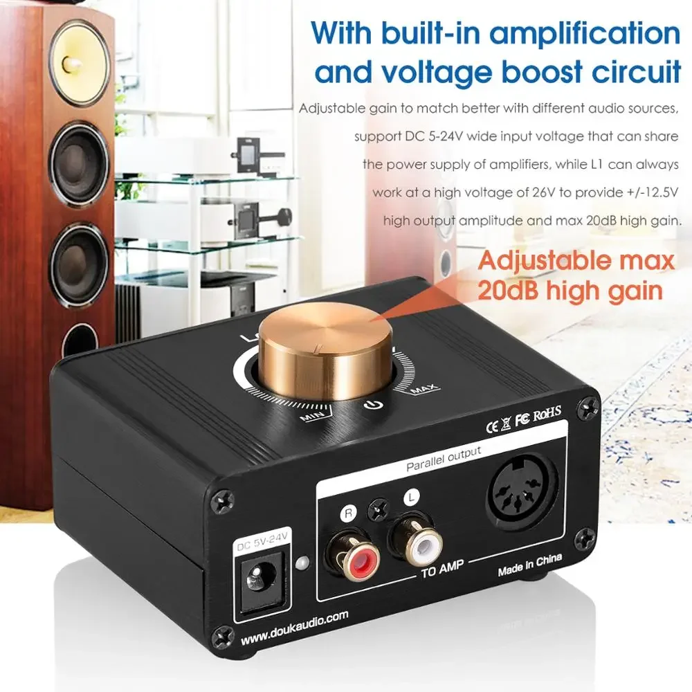 Douk Audio L1 Mini amplificador de nivel de línea estéreo, amplificador de señal de Audio, preamplificador Digital HiFi, Control de volumen para teléfono, TV, reproductor de Audio