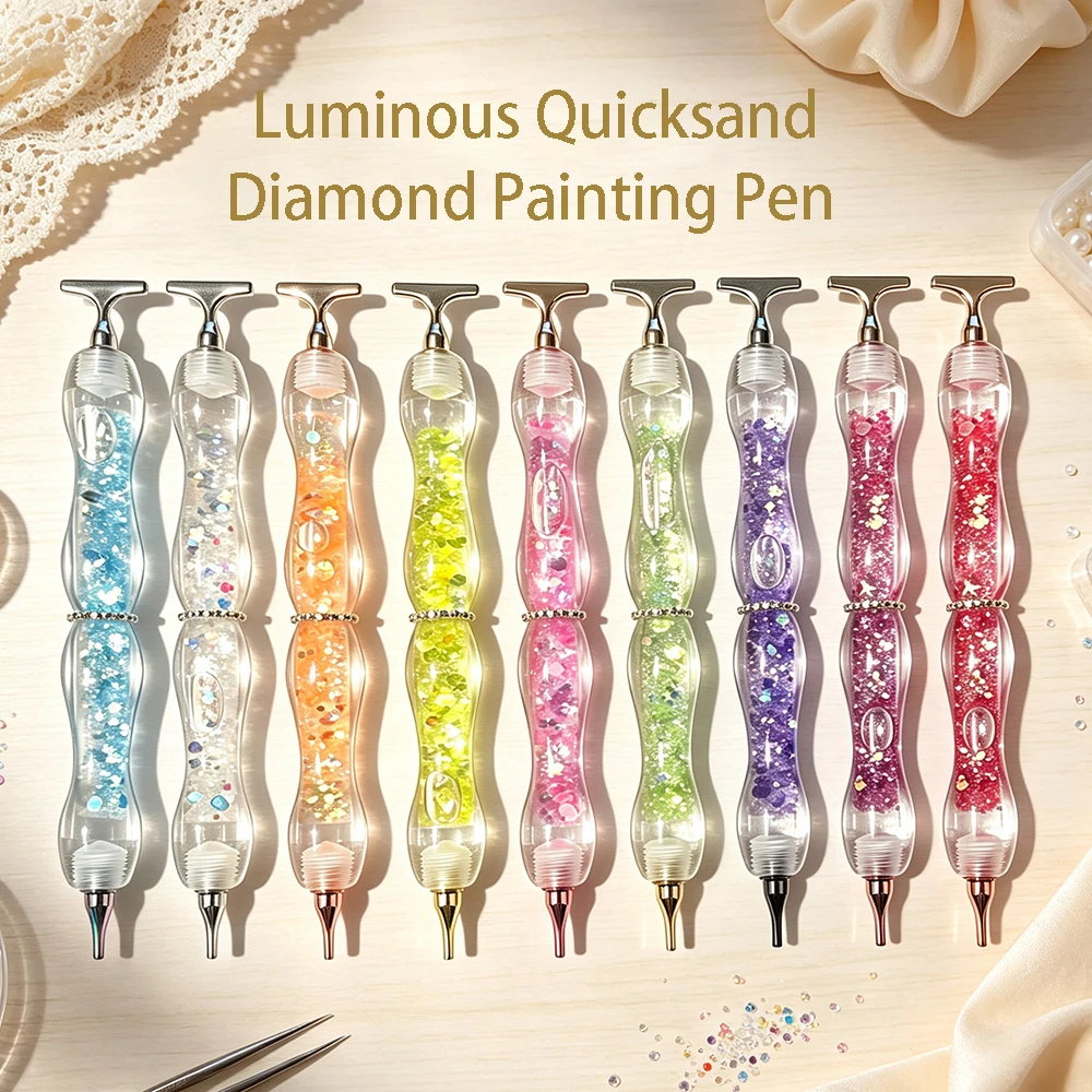 HOMFUN Bolígrafo de pintura de diamante con arena movediza brillante y luminosa, herramienta de perforación de puntos para bordado a color, accesorios con puntas de rosca metálica