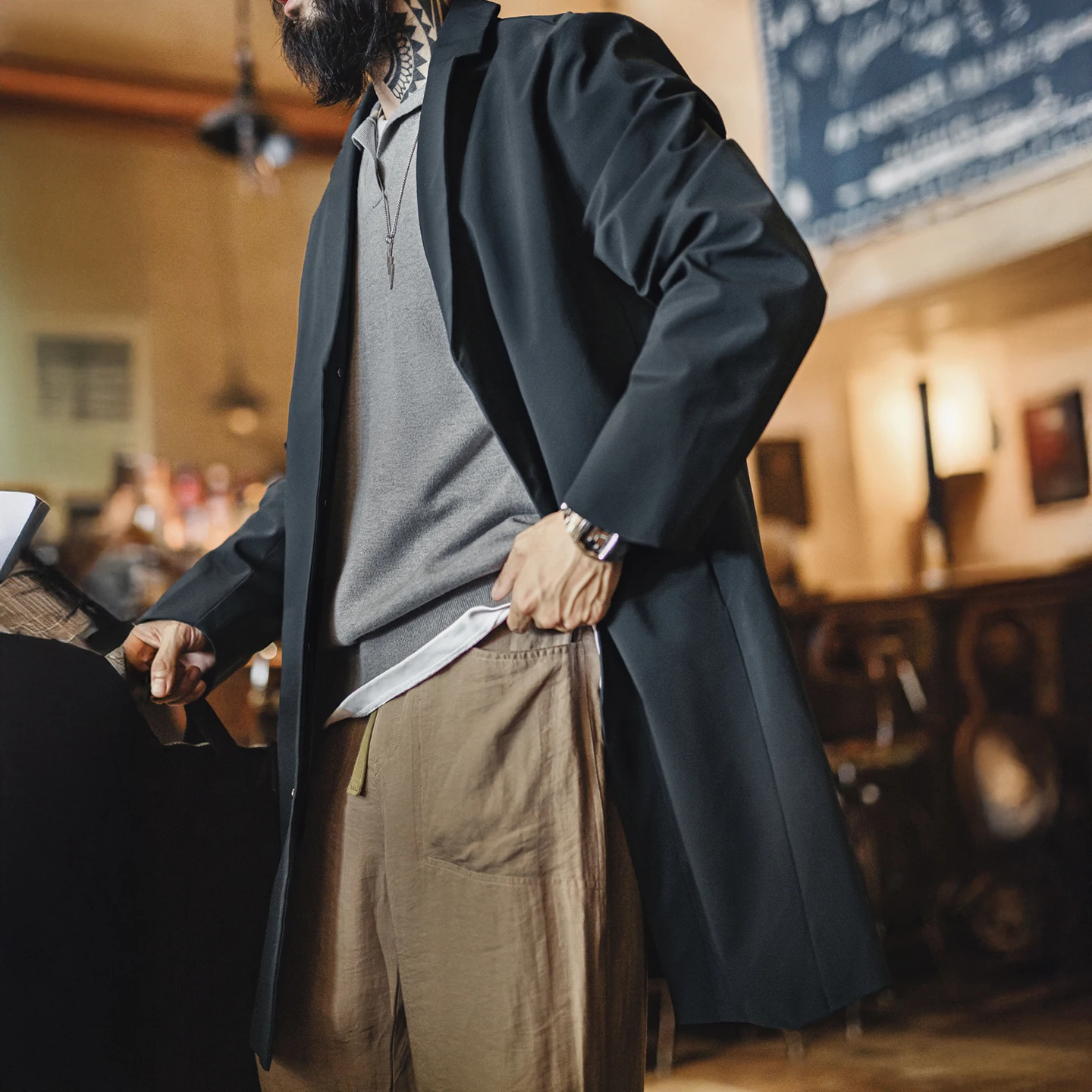 Maden Gabardina vintage para ir al trabajo para hombre, abrigo repelente al agua de longitud media, cortavientos con ventilación trasera y solapa azul para primavera y otoño