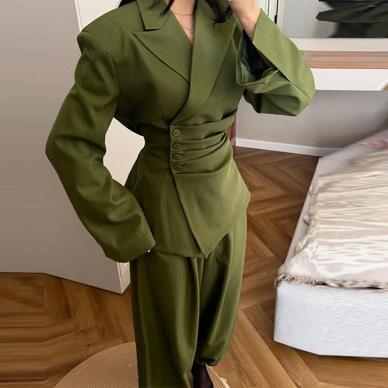 Conjunto de Dos Piezas Verde Oliva para Mujer, Blazer Elegante con Hombros Acolchados y Cintura Ajustada, Pantalones Jogger de Cintura Alta, Ropa de Oficina y Estilo Urbano