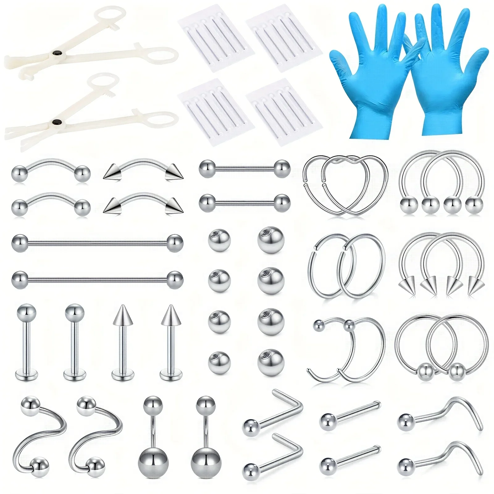 Kit de perforación corporal de 50 piezas, anillo de nariz en forma de L en forma de corazón, pendiente de oreja de cartílago de cejas de lengua de labio de nariz de acero inoxidable,
