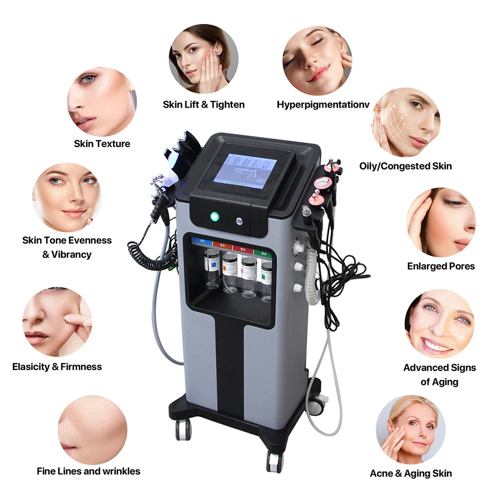 Máquina de Hidrodermoabrasión AOKO 10 en 1, Peeling Acuático, Inyección de Oxígeno, Cuidado Facial por Ultrasonido, Tensado de la Piel, Limpieza Profunda, Dispositivo de Belleza para Eliminar Puntos Negros, Acné y Poros, para Salón y SPA