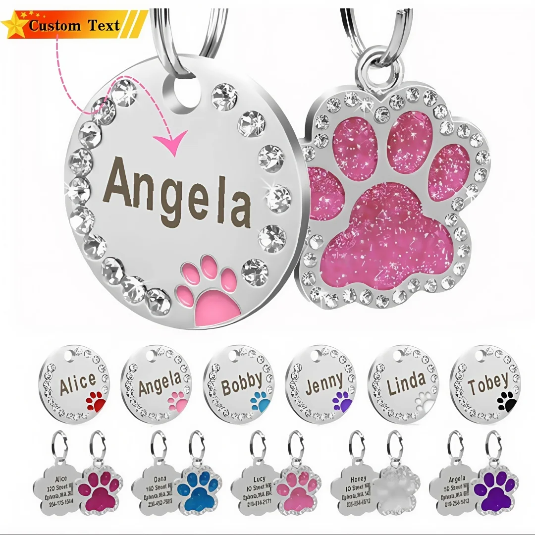 Collar con colgante de nombre de mascota grabado de acero inoxidable, etiquetas de identificación, Collar con colgante de diamante grabado antipérdida personalizado para identificación de perro y gato