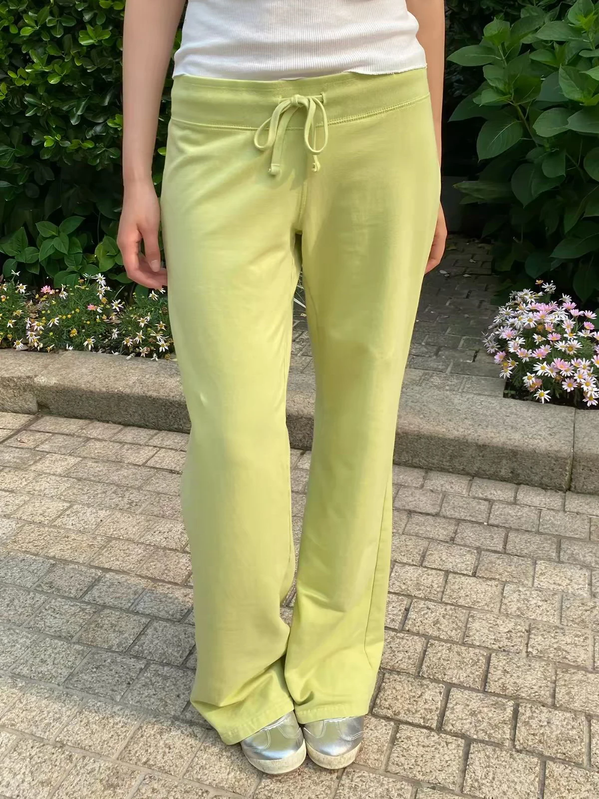 Pantalones deportivos de algodón con cordón de color amarillo mostaza para mujer, pantalones largos rectos de cintura baja, informales, lisos, combinables con todo, novedad de verano