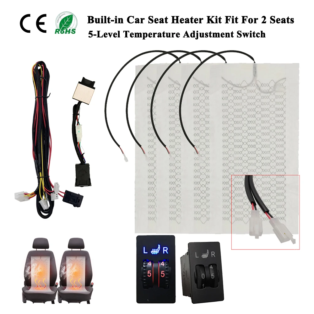 Kit de calentador de asiento de coche compatible con 2 asientos, almohadillas calefactoras universales de fibra de carbono de 12V, sistema de interruptor de Control Dual de 5 niveles, calentador de invierno
