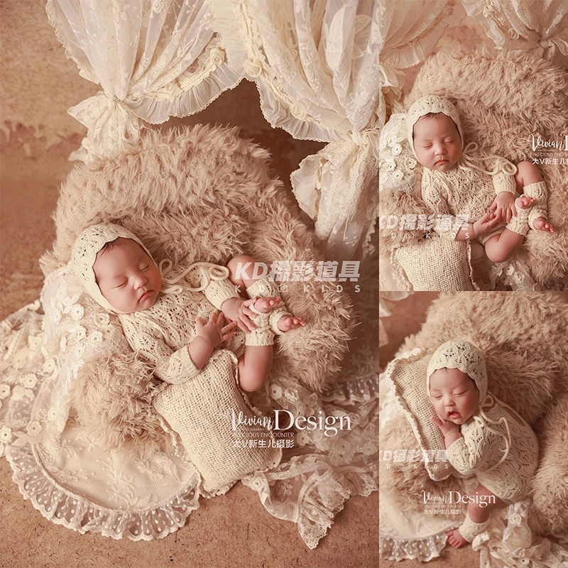Traje de fotografía para recién nacido de estilo vintage, mono de punto para bebé, mameluco + sombrero + calcetines para sesión de fotos, bautizo, Baby Shower