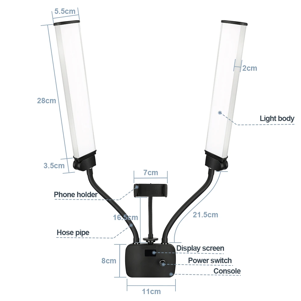 Luz de relleno LED de doble brazo para estudio fotográfico, tiras largas, lámpara de anillo LED con trípode, pantalla LCD, iluminación para selfies fotográfica de 3200-5600K
