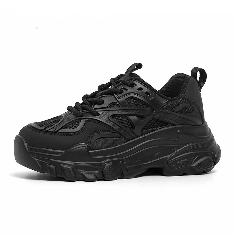 2024 nuevos zapatos deportivos de plataforma a la moda para mujer, zapatillas gruesas informales negras de verano para mujer, zapatos de plataforma de cuero de malla para mujer