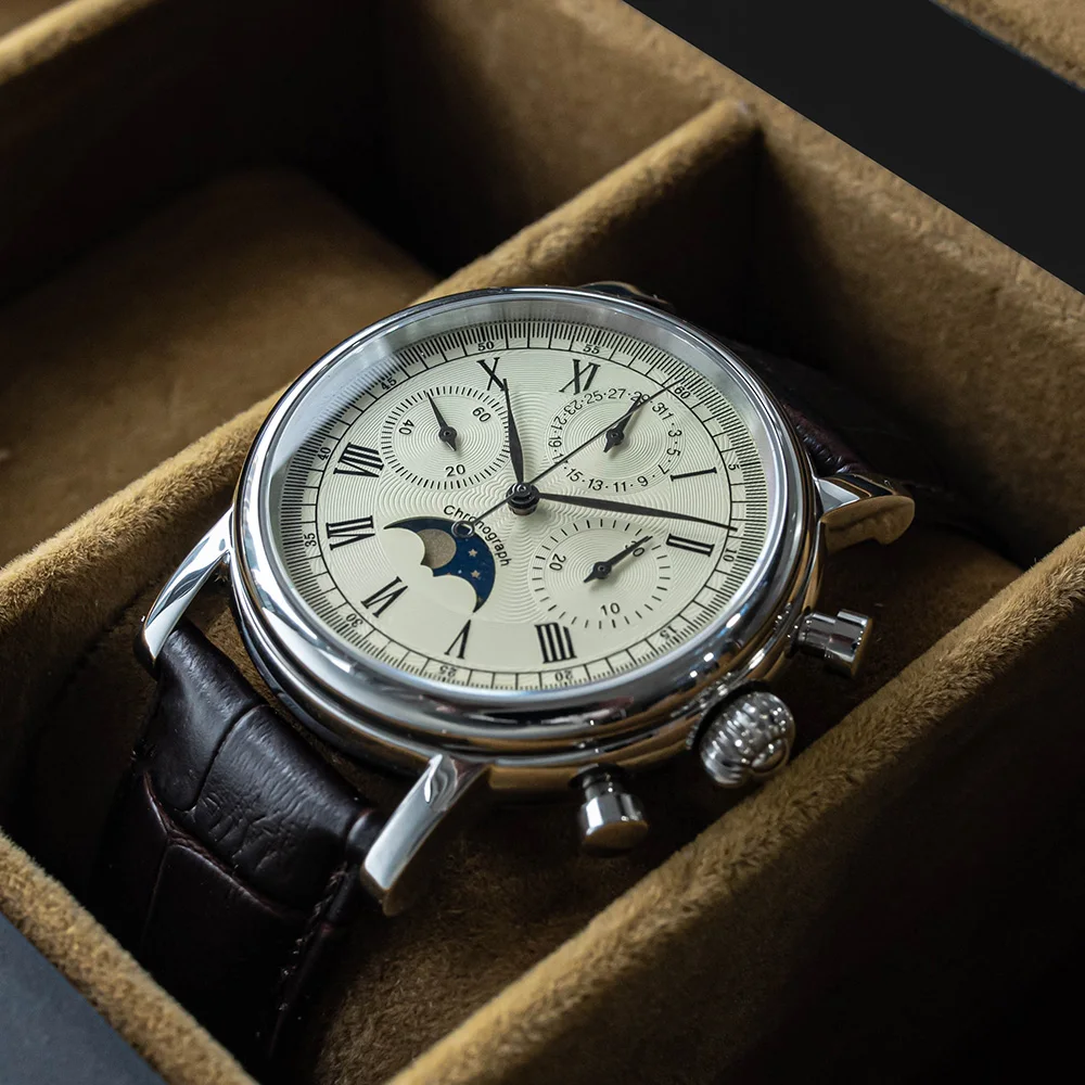 Reloj Sugess ST1908 para hombre, reloj de pulsera con cronógrafo mecánico con movimiento de cuello de cisne, calendario de fase lunar auténtica, cuero Vintage, nuevo 2023