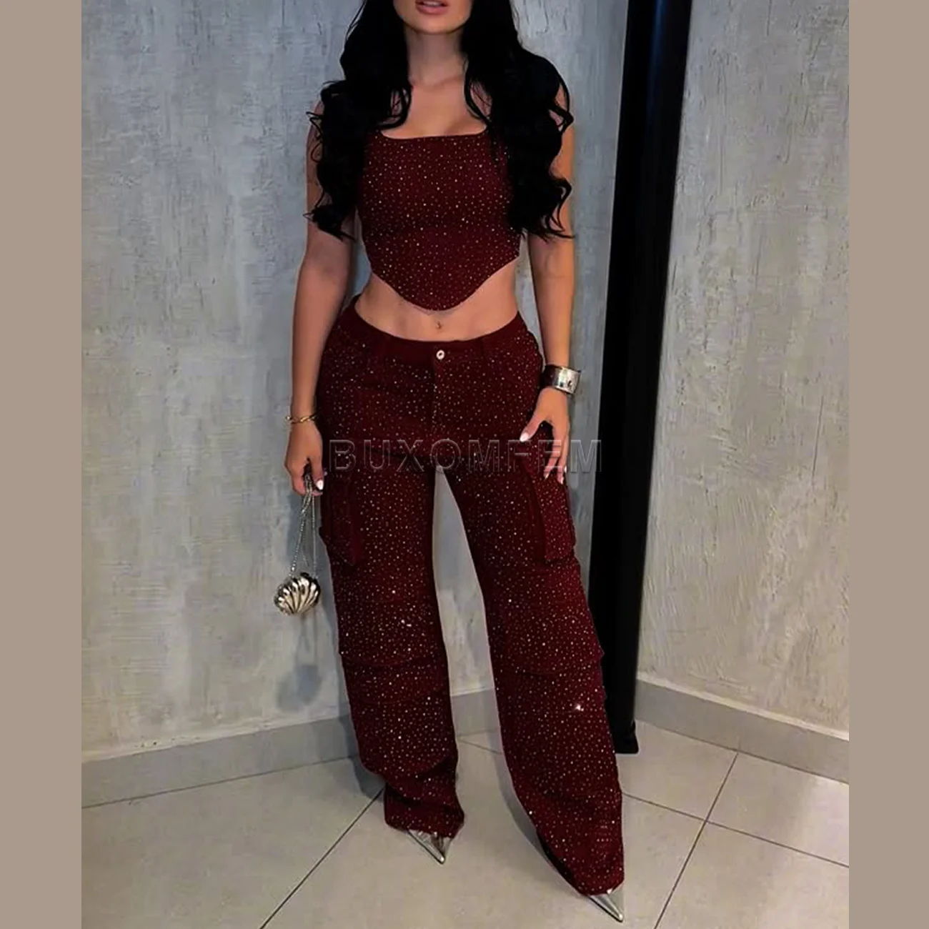 Conjunto de pantalones de trabajo con correa de diamante para mujer, pantalones Push Up a la moda, monos vaqueros para mujer, ropa de calle, ropa de fiesta de noche