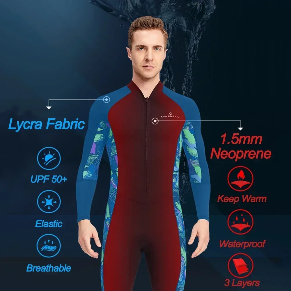 Traje de neopreno corto de 1,5mm para hombre, traje de buceo de manga larga de Lycra con cremallera frontal a prueba de rayos UV para snorkel subacuático, natación y surf