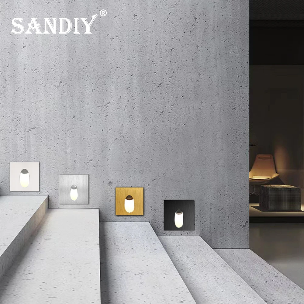 SANDIY Lámpara empotrada de pared Led Luz de escalera Luz de escalera interior Luces de noche de aluminio con caja de montaje para baño Dormitorio Pasillo Escalera Cocina 220V/DC12V Accesorio de iluminación interior