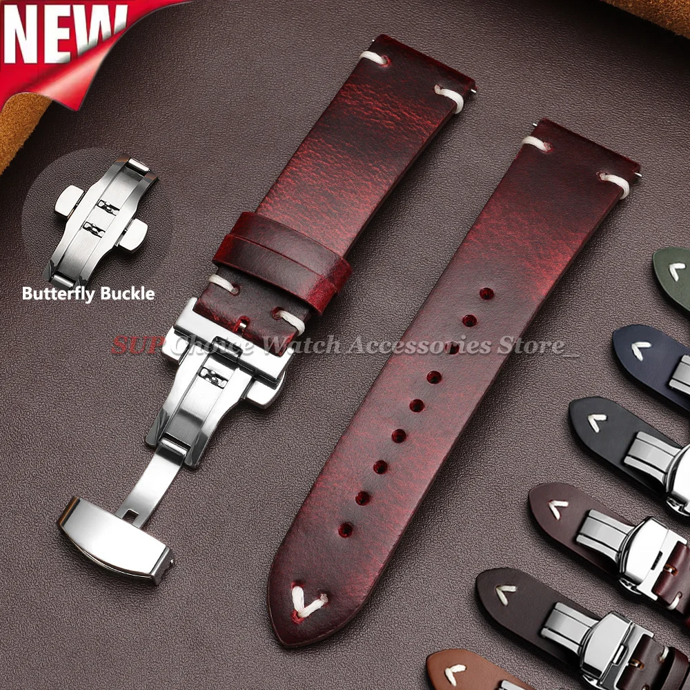 Correa de Reloj de Cuero Encerado Vintage con Cierre de Mariposa, Correa de Cuero Cosida de 18mm 20mm 22mm para Relojes Seiko y Omega
