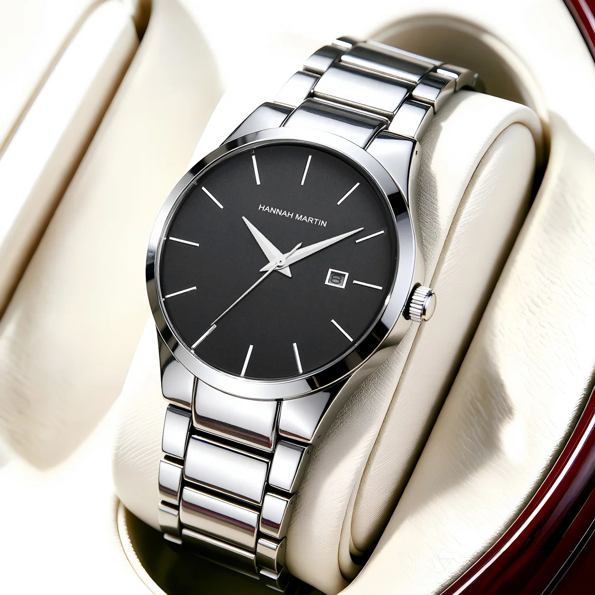 Hannah Martin Reloj de acero inoxidable para hombre Estilo de negocios de moda Estilo minimalista negro Relojes con movimiento de cuarzo resistente al agua 3Bar