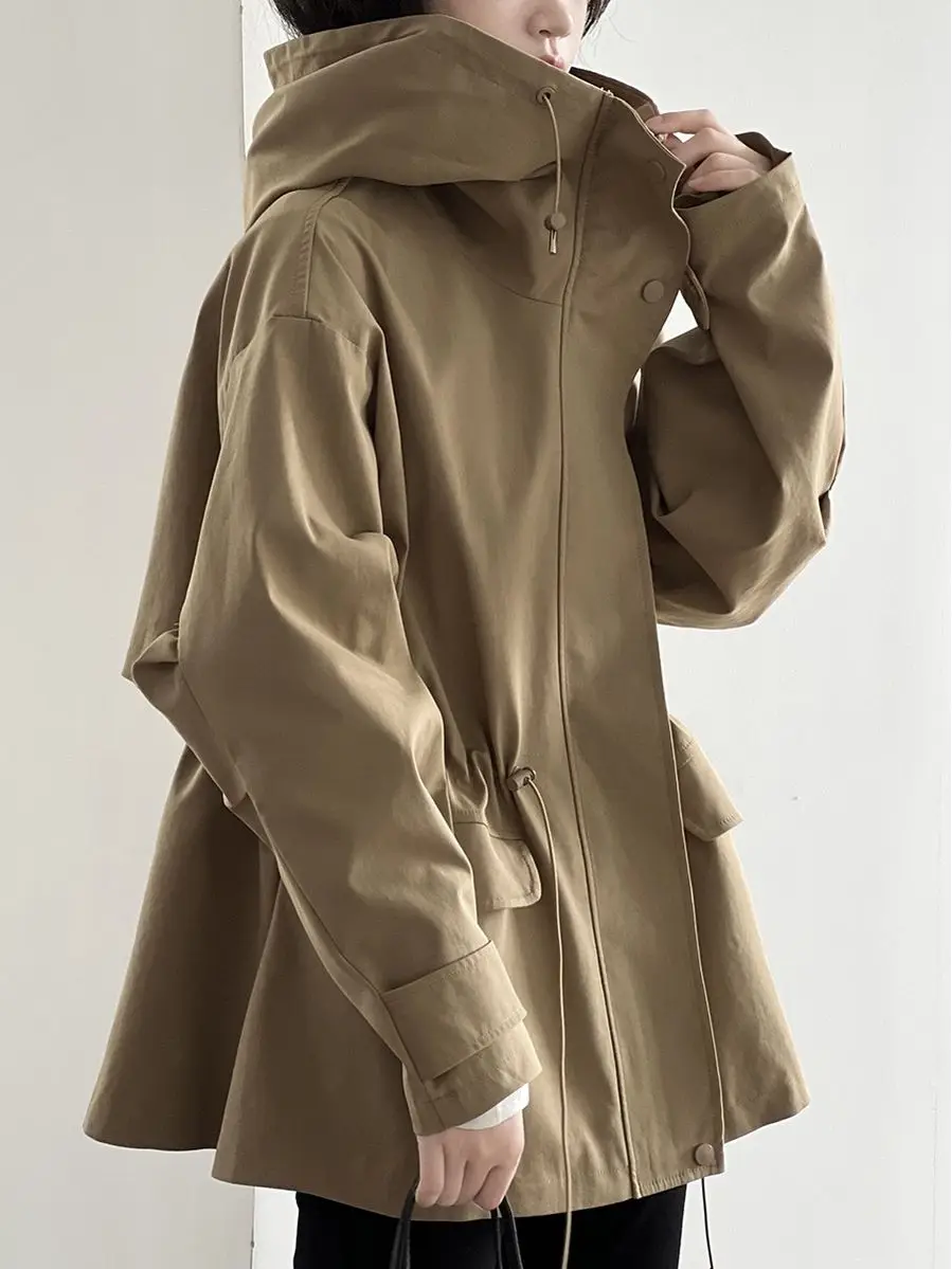 Gabardina con capucha de algodón caqui para mujer, abrigo corto nuevo de otoño e invierno, Top holgado informal Retro