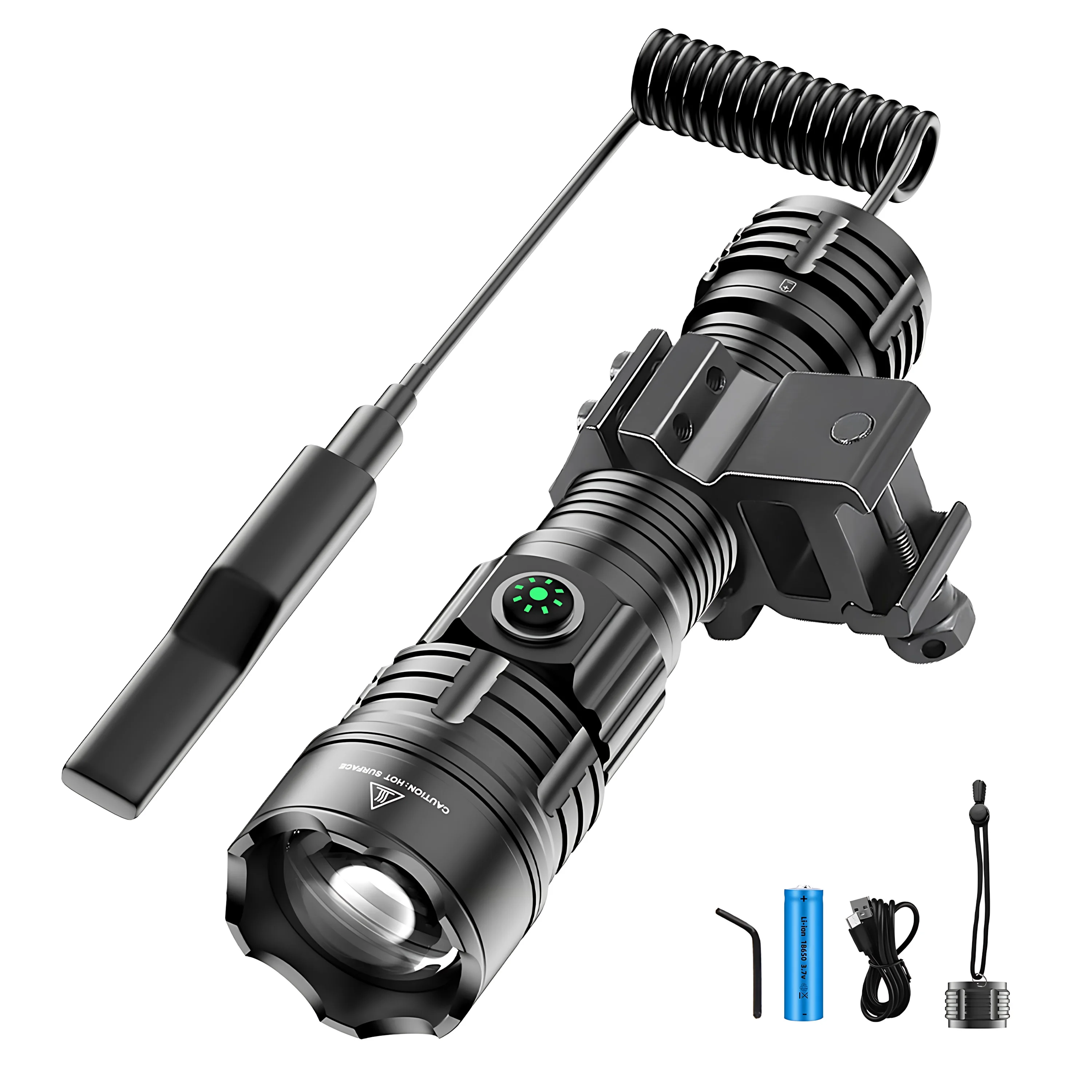Linterna Táctica Láser Blanco 2000 Lúmenes Zoom USB-C Recargable con Montura Modo Strobe Resistente al Agua para Caza Ciclismo Camping Emergencias