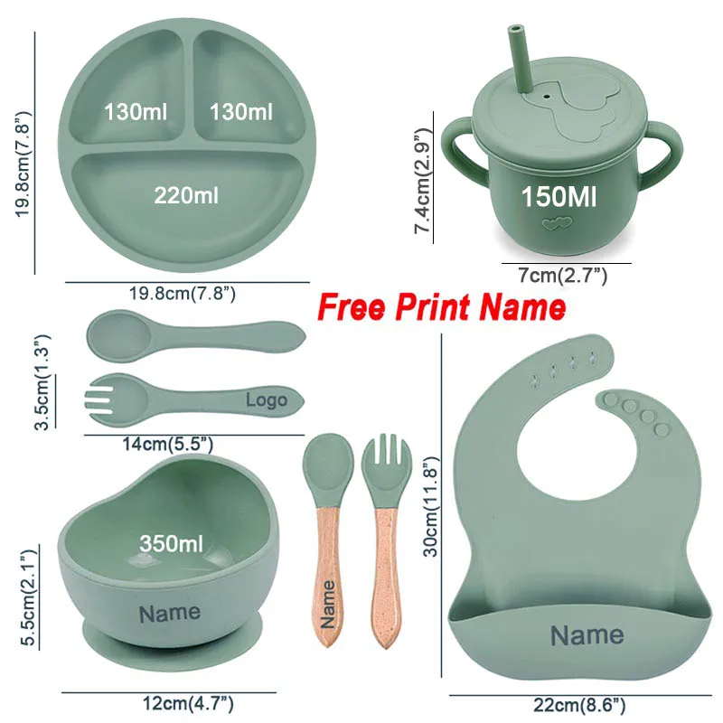 Juego de vajilla de silicona con logotipo de nombre personalizado, juego de alimentación de bebé, cuchara, tenedor, tazón con ventosa, plato de cena de silicona para niños, 8 Uds.