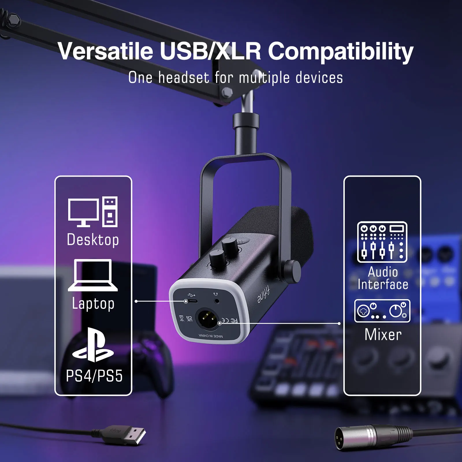 Kit de micrófono para juegos FIFINE XLR/USB con conector para auriculares/silencio/RGB/soporte de brazo, juego de micrófono dinámico para PC PS5/4 mezclador amplificador AM8T