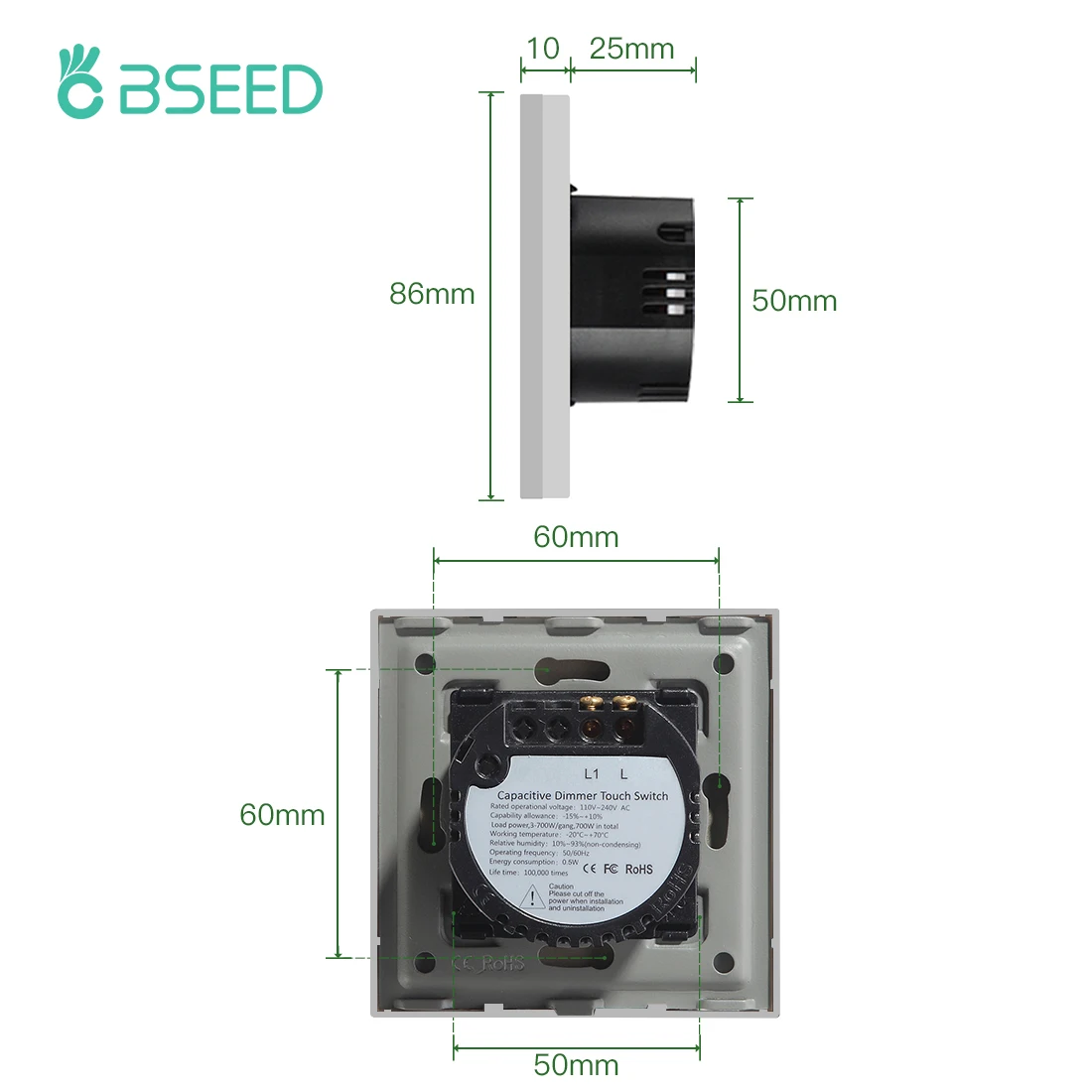Bseed-interruptor atenuador con Sensor táctil estándar de la UE, 1 unidad, 1 vía, Panel de clase de cristal, Led regulable, atenuador blanco y negro con adaptador