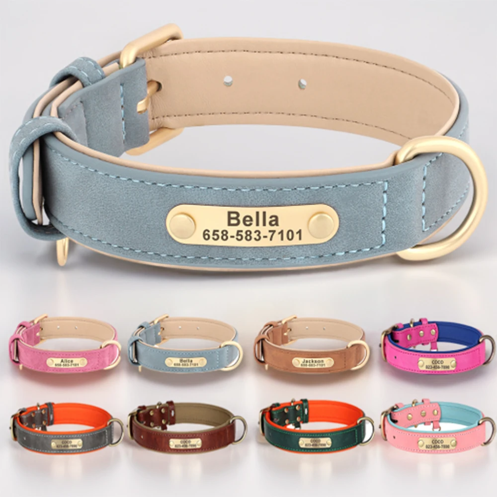 Collar de perro personalizado, collares de cuero PU grabados personalizados para perros, placa de identificación con grabado gratis para perros pequeños, medianos y grandes