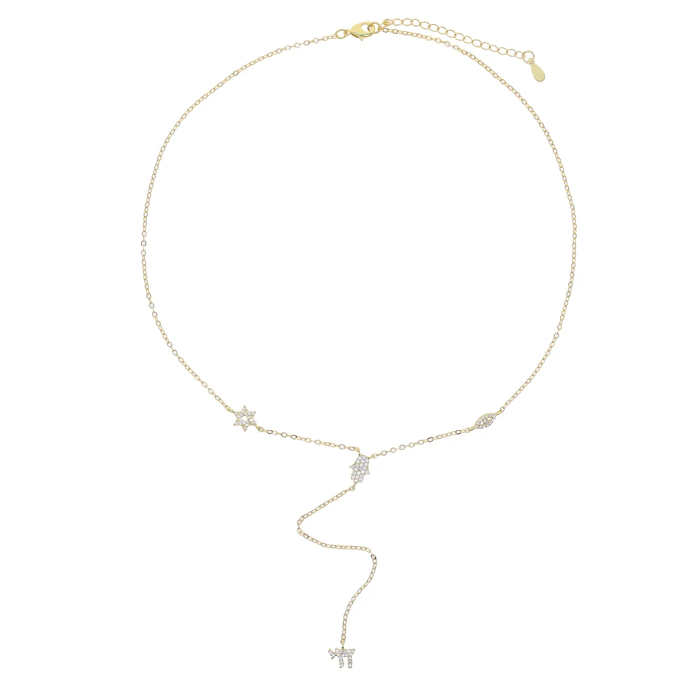 Collar Lariat con Colgante de Mano y Ojo de Estrella de la Suerte con Circonitas, Amuleto Judío, Signo de la Vida, Color Dorado, Joyería para Mujer