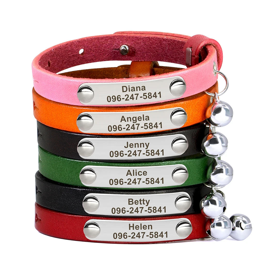 Collar de gato personalizado, collares de cuero ajustables para gatos, collares personalizados con nombre de cachorro y gatito, accesorios antipérdida para gatos