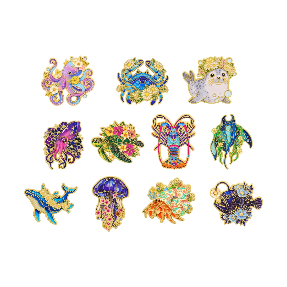 Juego de 11 broches de esmalte con diseño floral y de animales marinos, bonitos broches de ballena, pulpo y tortuga, insignias para mochila y solapa, accesorios de joyería, regalos