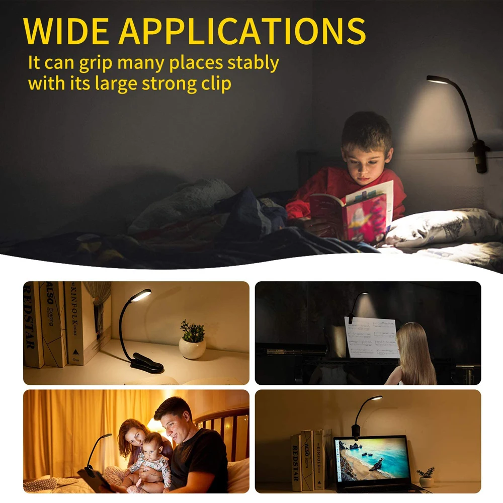 Luz de libro de 7 LED, luz de lectura recargable por USB, luz blanca cálida y fría de 3 niveles, lámpara de lectura nocturna portátil, Flexible y fácil Clip