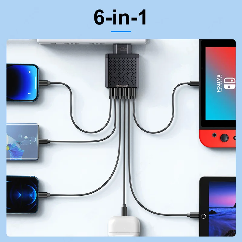 Cabezal de carga multipuerto 6 en 1, 5V, 3a, Qc3.0, carga rápida para Samsung S23, Xiaomi, enchufe adaptador Eu/kr/us/uk