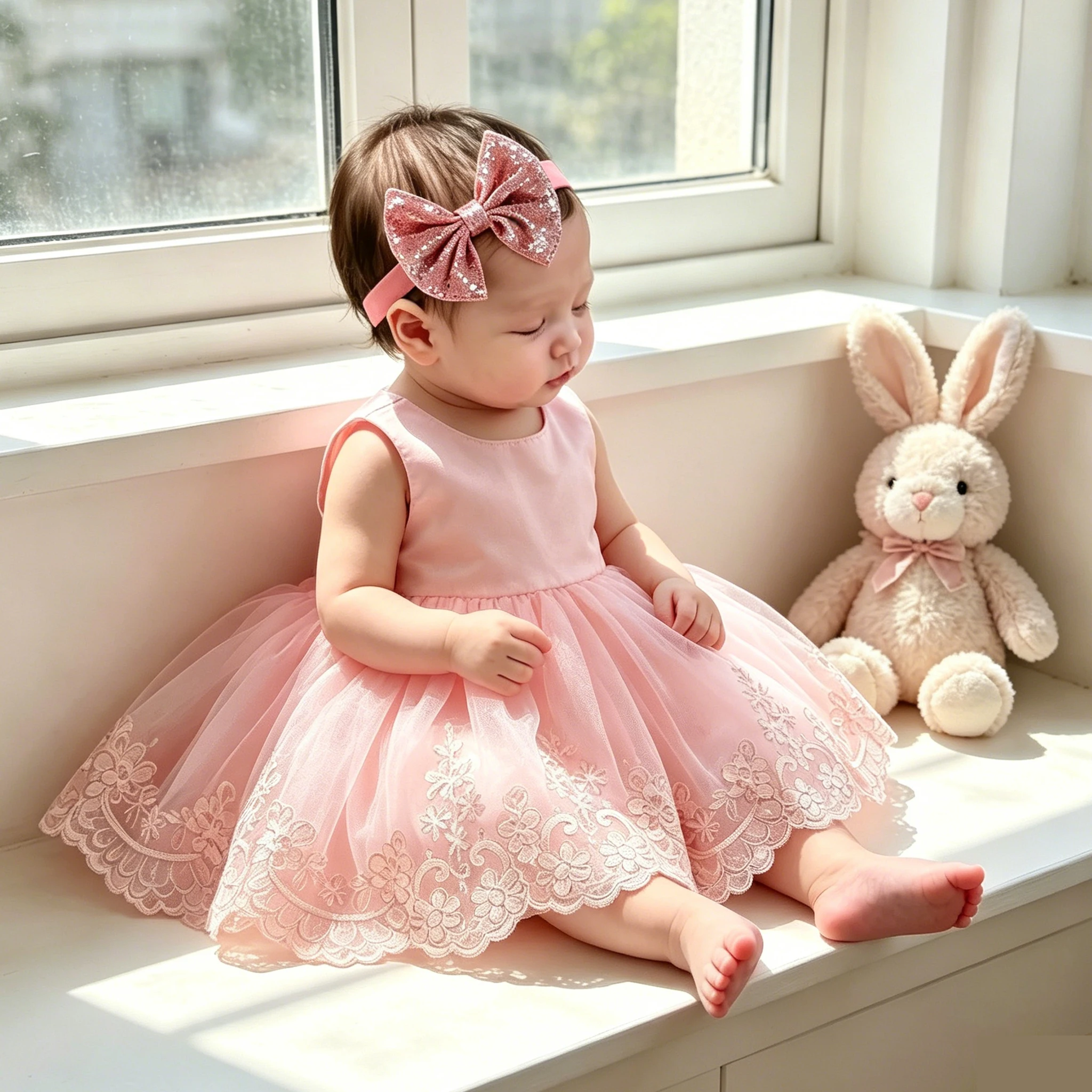 Ylsteed - Conjunto de Ropa para Fotografía de Recién Nacidos, Vestido de Encaje con Lazo Grande para Niña, Diadema con Lazo Brillante, Vestido para Sesión de Fotos de Bebé de 100 Días