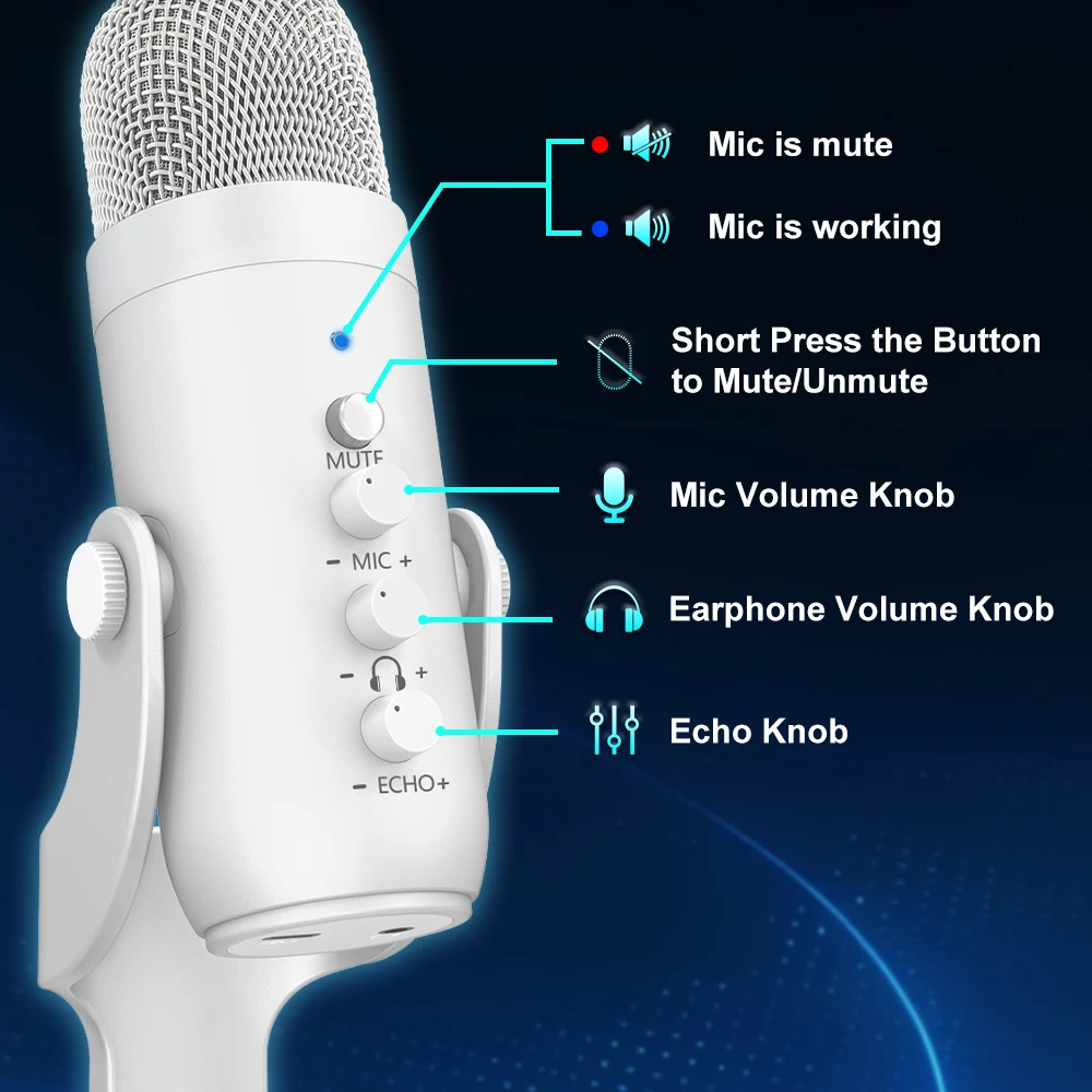 Micrófono condensador USB blanco profesional, micrófono de grabación de estudio para PC, ordenador, teléfono, juegos, Streaming, Podcast, vocales, Youtube