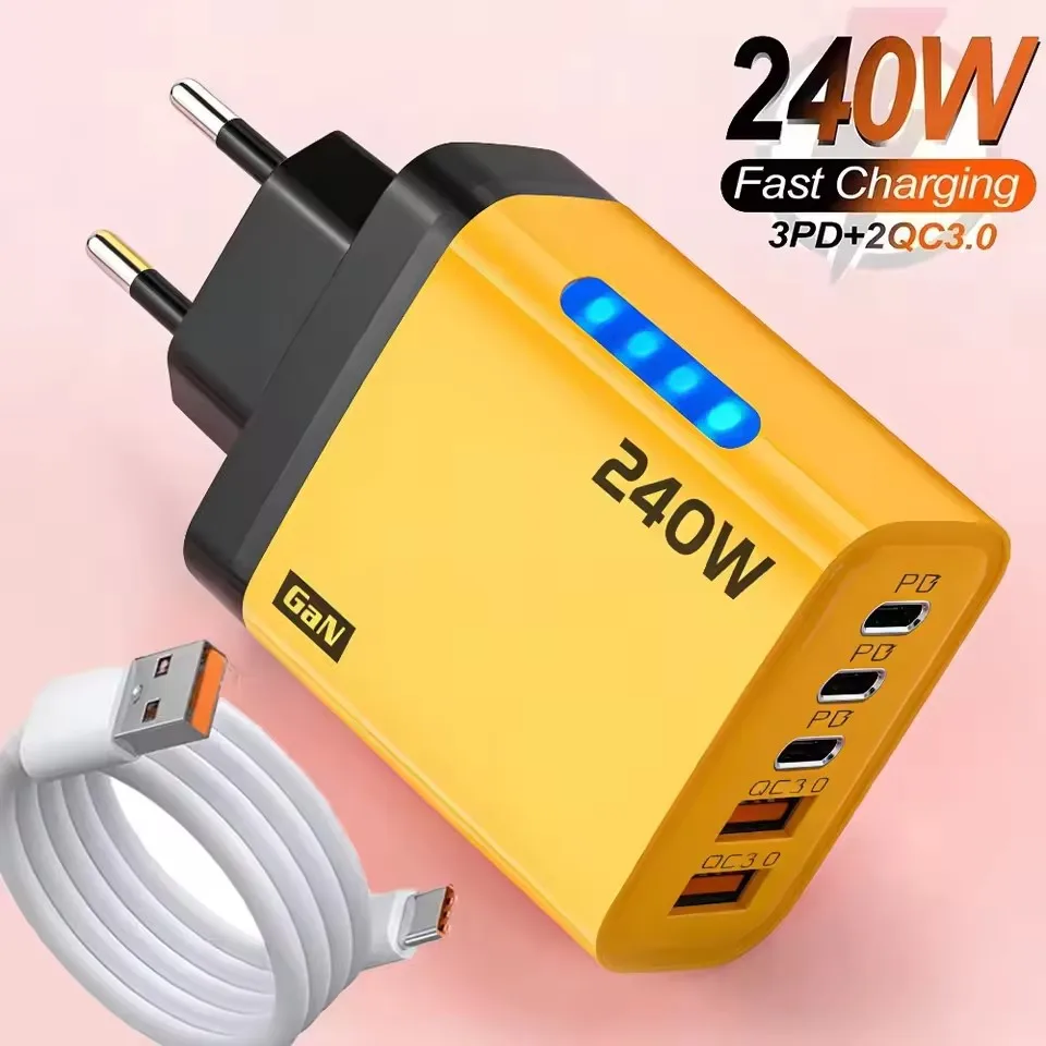 Cargador de escritorio USB-C GaN 5 en 1 de 240W, adaptador de carga rápida para teléfono, cable tipo C de 10A para iPhone, Samsung, Xiaomi, cargador con enchufe EU/US/UK