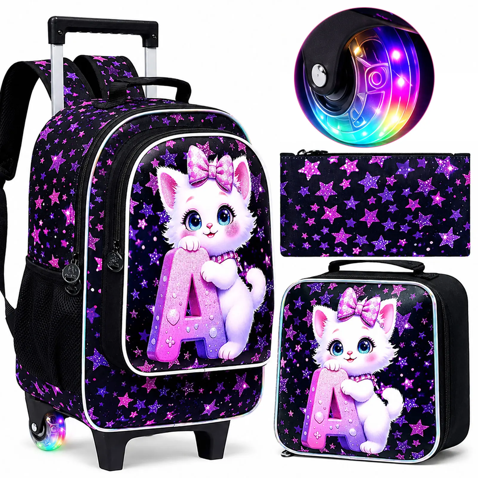 Juego de 3 mochilas con ruedas para niñas, mochila escolar con ruedas con diseño de gato y letra A, con bolso de mano y estuche para lápices