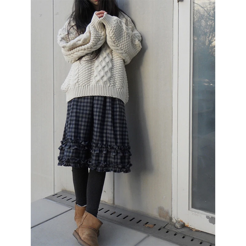 MEXZT-Falda Midi Vintage a cuadros para mujer, Faldas de retales con volantes de Harajuku japonés, ropa de calle informal Y2K, Faldas de corte A, novedad
