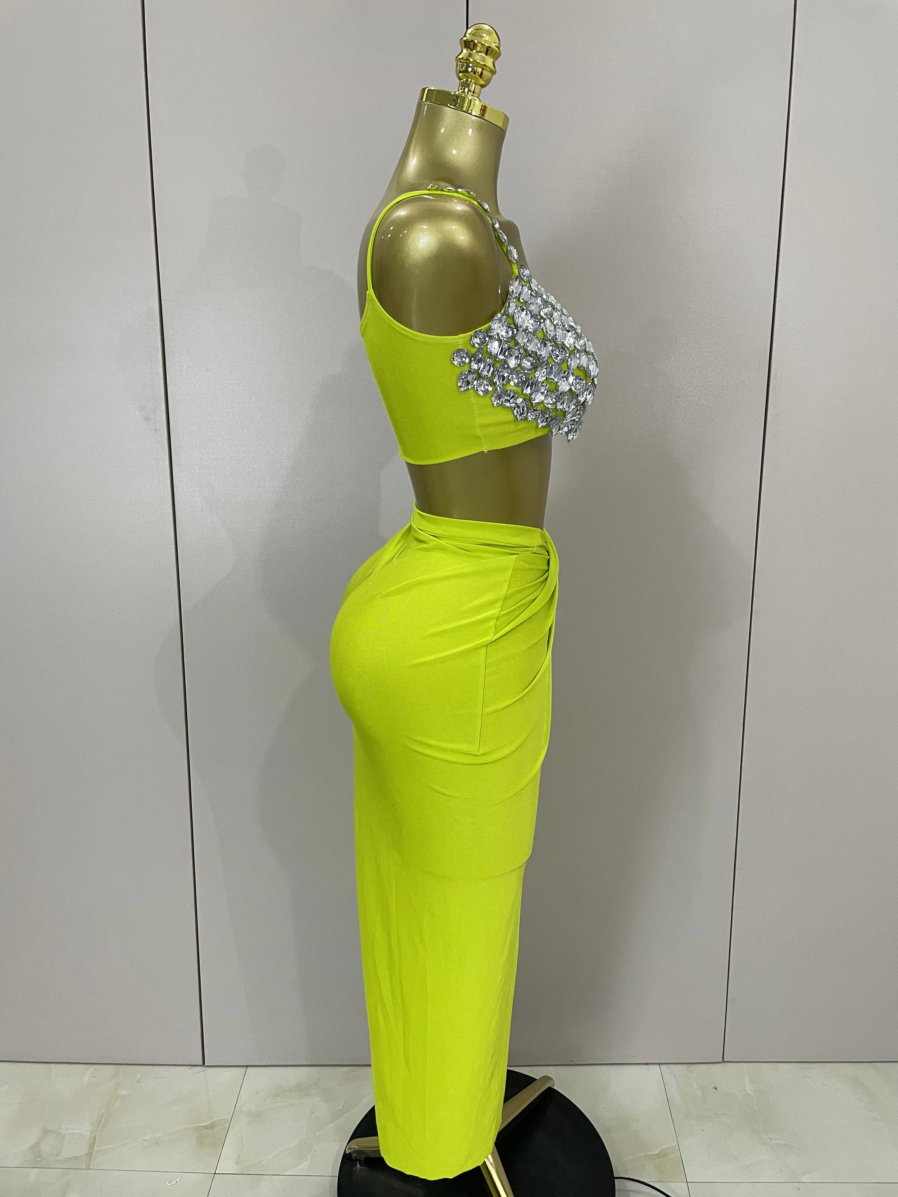 Conjunto de dos piezas Sexy con diamantes de cristal brillantes para mujer, traje de actuación en escenario para bailarina y cantante, trajes de falda para fiesta de noche