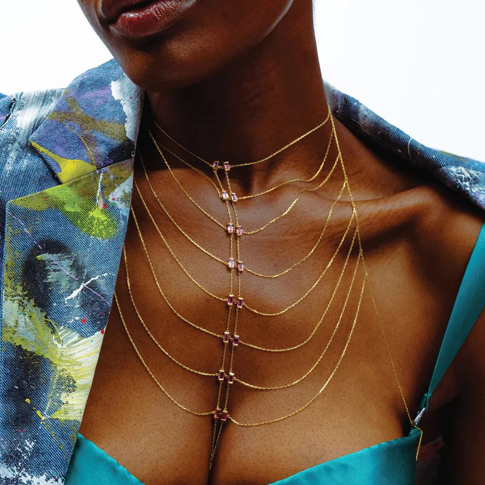 Collar con colgante de circonia cúbica verde, negro y blanco multicapa para mujer, Color dorado, borla ostentosa, cadena para el cuerpo, geometría, regalo de joyería múltiple