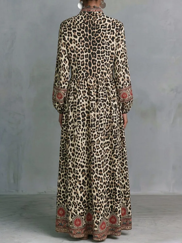 UOOZEE 2026 Vestido Maxi Étnico Vintage con Estampado de Leopardo para Mujer, Mangas Largas, Cintura Alta, Elegante Vestido Camisero de Noche con Cuello Alto
