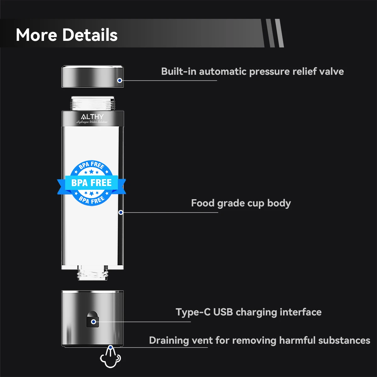Botella geradora de agua de hidrógeno de rendimiento ALTHY DuPont SPE + cámara doble PEM + pantalla de PPB, tiempo y batería + dispositivo de inhalación H2