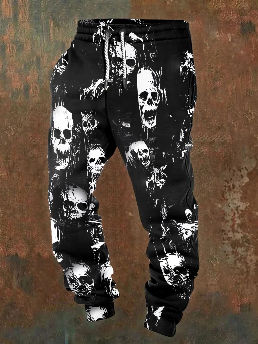 Pantalones jogging informales para hombre con cordones y estampado de calaveras de Halloween, adecuados para uso al aire libre, moda de otoño e invierno.