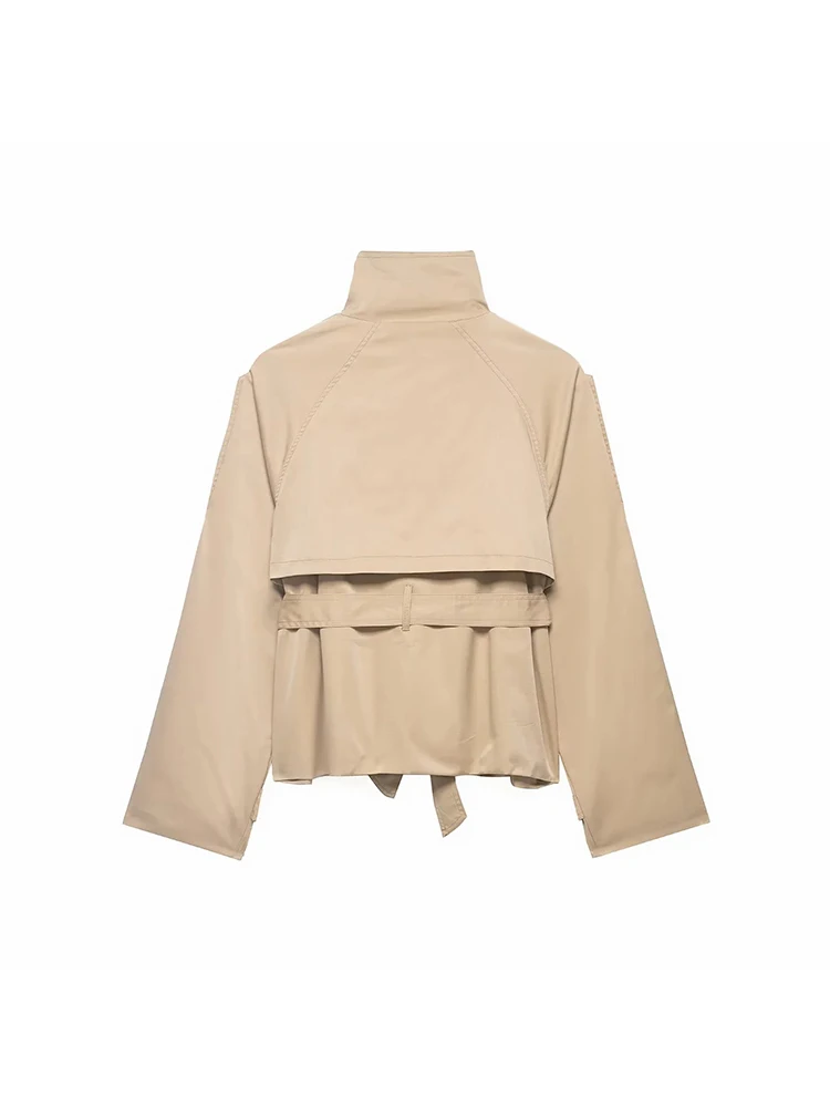 Abrigos cortos tipo trench para mujer, conjunto de otoño para mujer, abrigos de doble botonadura con cuello alto, chaquetas vintage informales para dama