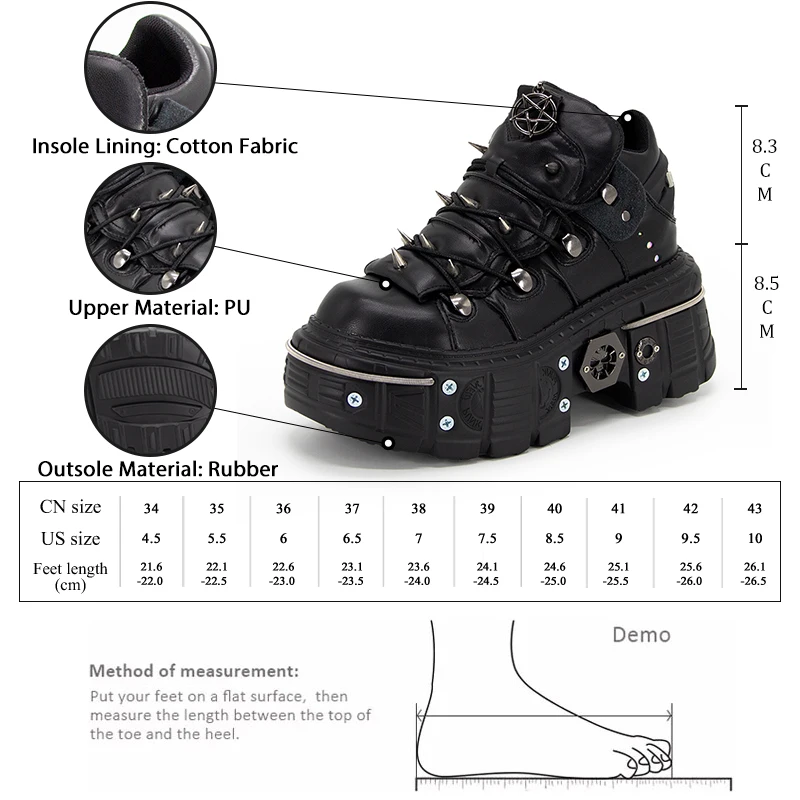 GMQM 2025, botines de plataforma plana para mujer, estilo Rock Punk, zapatillas de deporte negras de tacón alto, botines de suela gruesa con punta redonda, decoración de Metal Y2k