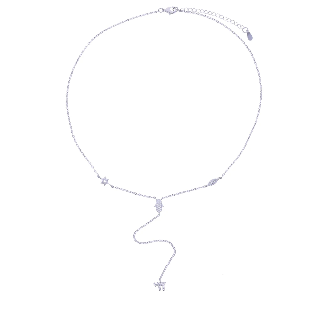 Collar Lariat con Colgante de Mano y Ojo de Estrella de la Suerte con Circonitas, Amuleto Judío, Signo de la Vida, Color Dorado, Joyería para Mujer