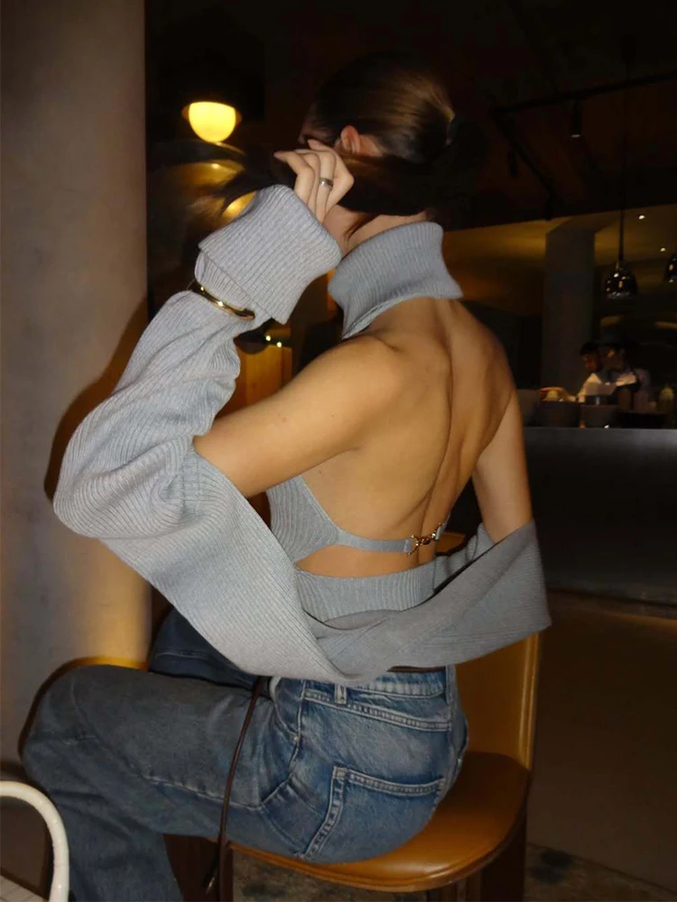 Conjunto Sexy de 2 Piezas para Mujer: Suéter de Cuello Alto y Chal, Tejido de Punto Acanalado, Manga Larga, Espalda Descubierta, Estilo Y2K, Ropa de Calle para Otoño e Invierno